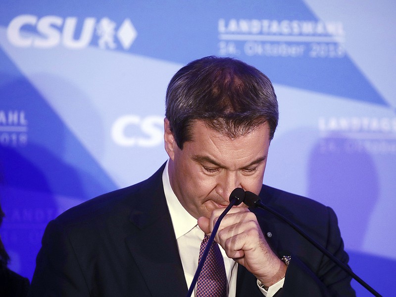 Bavarian governor Markus Soeder reacts during his first appearance after the first exit polls for the Bavarian state election in Munich, southern Germany, Sunday, Oct. 14, 2018. (Michel Kappeler/dpa via AP)