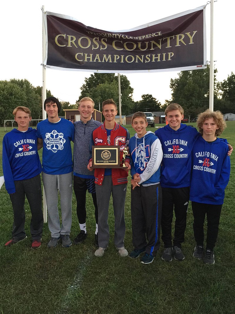 The Pintos cross country team finished in first place at the Tri-County Conference Meet Oct. 11, 2018, at Eldon. It was the third straight year the team won the meet. Pictured is Jordan Bondurant (10th place), Isaac Ash (7th place), Jordon Geiser, Trevor Porter (2nd place), Caden Kirksey (3rd place), Austin Bolin and Colby Sommerer.