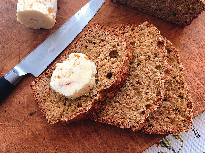 This Oct. 3, 2108 photo shows wheaten bread with sweet scotch whiskey butter in Amagansett, NY. This dish is from a recipe by Elizabeth Karmel. (Elizabeth Karmel via AP)