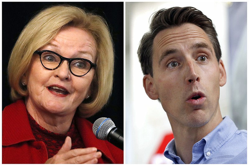 FILE - This combination of file photos shows Missouri U.S. Senate candidates in the November election, Democratic incumbent Sen. Claire McCaskill, left, and her Republican challenger Josh Hawley. McCaskill and Hawley are scheduled to debate Thursday, Oct. 18, 2018. (AP Photo/Jeff Roberson, File)