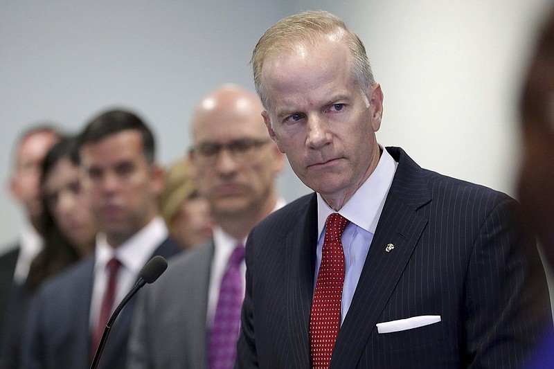 FILE - In this Aug. 29, 2018, file photo, U.S. Attorney William McSwain is shown at a news conference in Philadelphia. McSwain sent out grand jury subpoenas last week to Pennsylvania dioceses as part of a federal investigation of clergy abuse in Catholic churches. The investigation, which follows a state grand jury probe, was confirmed by multiple sources who spoke to The Associated Press on condition of anonymity. McSwain wouldn't comment. (David Maialetti/The Philadelphia Inquirer via AP, File)