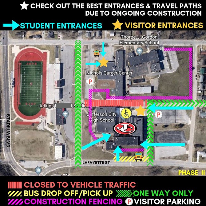 Jefferson City Public Schools provides this satellite image and graphic to suggest entrances and travel routes at Jefferson City High School during phase two of construction there. (For directional reference, north is located toward the right of the map, not at the top).