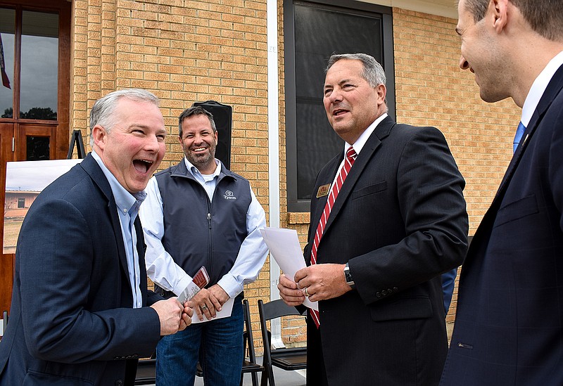 Guests attended an open house Friday at the Lockesburg Industrial Maintenance Institute. Lt. Gov. Tim Griffin, left, visits with UA Cossatot Chancellor Dr. Steve Cole, third from left, and Arkansas Economic Development Commission Director Mike Preston, right.