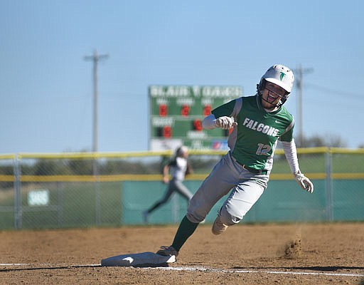 Kayla Jones of Blair Oaks rounds third base during Saturday afternoon's Class 2 quarterfinal game against Warsaw in Wardsville.