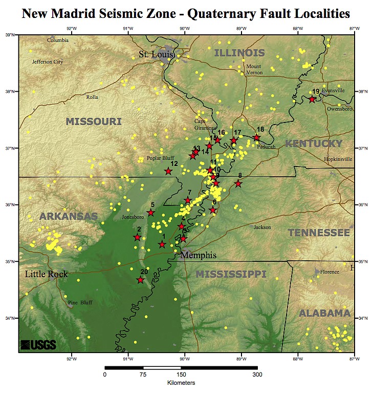 New Madrid Seismic Zone - Quaternary Fault Localities. Earthquakes with magnitudes equal to or larger than 2.5 are shown by the yellow dots. (USGS graphic at earthquake.usgs.gov/learn/topics/nmsz/1811-1812.php)