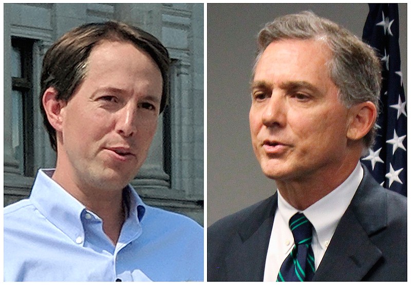 This combination of 2018 file photos shows Arkansas congressional candidates Clarke Tucker, left, a Democrat, and Republican U.S. Rep. French Hill. Tucker and Hill condemned a political action committee's radio ad that suggests white Democrats will lynch black Americans if they win the midterm election next month.