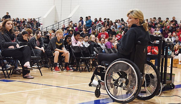 Penny Lorenz Smith was one of two guest speakers Monday morning at Thomas Jefferson Middle School who addressed the entire student body about the importance of wearing a seatbelt and to adhere to other safety practices.