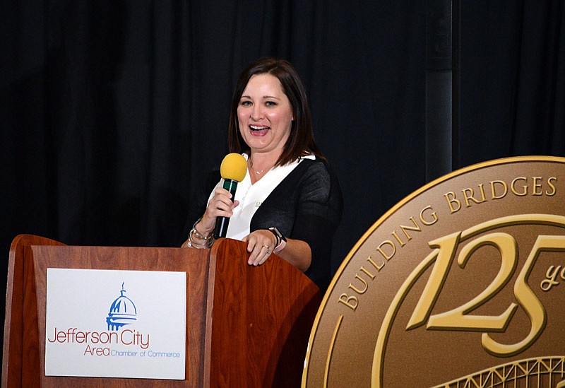 Jennifer Schneider, owner of Outbound Physical Therapy, thanks the audience Wednesday October 24, 2018, after winning the Small Business of the Year Award during the Jefferson City Chamber Exceptional Employee Award Luncheon at Capitol Plaza Hotel.