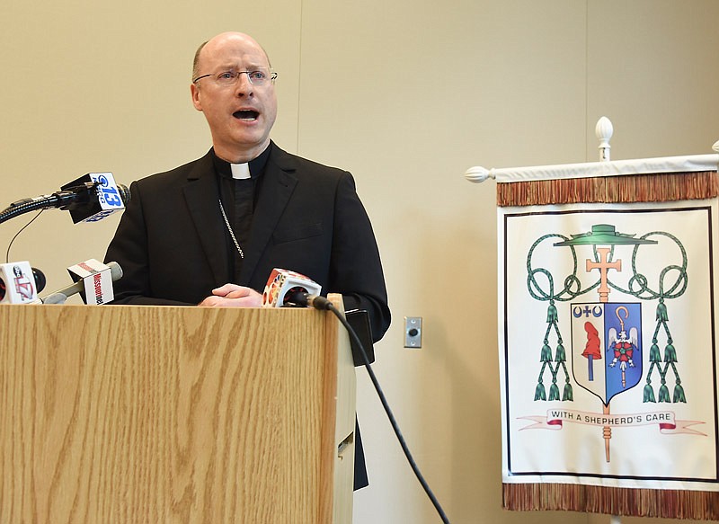 Jefferson City Diocese Bishop Shawn McKnight addressed the media, chancery staff and Mid-Missouri priests Friday, Aug. 24, 2018, to make a statement regarding clergy sexual abuse and his plans to bring transparency to the Catholic Church. 