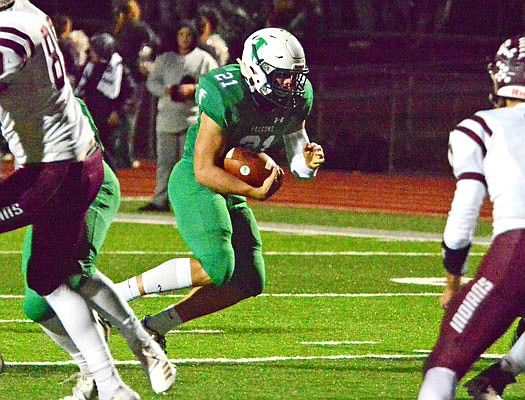 Blair Oaks slotback Braydan Pritchett finds an open hole for a gain during a game earlier this month against School of the Osage at the Falcon Athletic Complex in Wardsville.