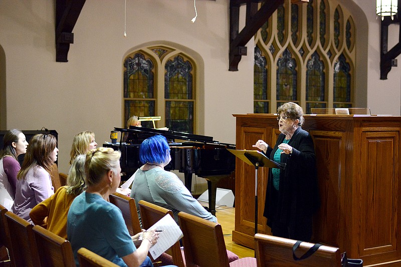 Sally Ince/ News Tribune
Director Carol Beach, right, leads the Liberte Women's Ensemble Monday October 29, 2018 during their rehearsal at 1st Christian Church.