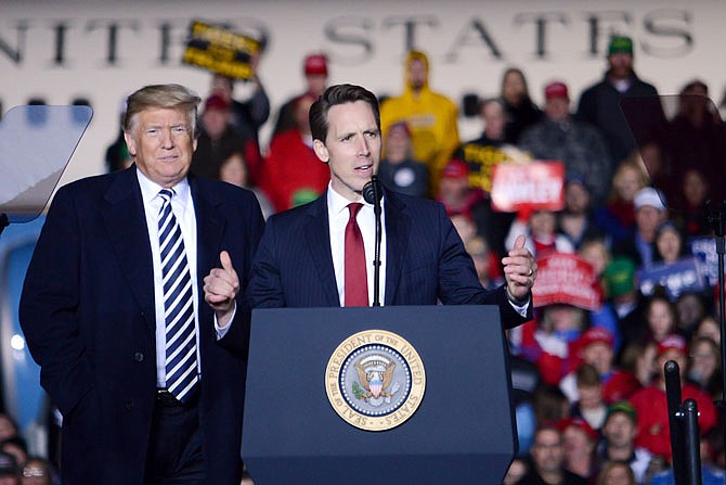 Missouri Attorney General and U.S. Senate candidate Josh Hawley speaks to the crowd Thursday alongside President Donald Trump at the Columbia Regional Airport. 