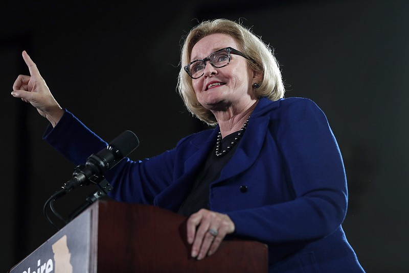U.S. Sen. Claire McCaskill, D-Mo., speaks during a campaign rally Wednesday, Oct. 31, 2018, in Bridgeton, Mo. McCaskill is running for re-election. (AP Photo/Jeff Roberson)