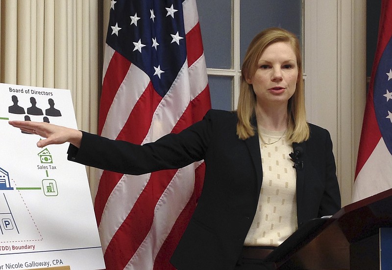 FILE - In this April 10, 2017 file photo, Missouri state Auditor Nicole Galloway speaks at a news conference in Jefferson City, Mo.