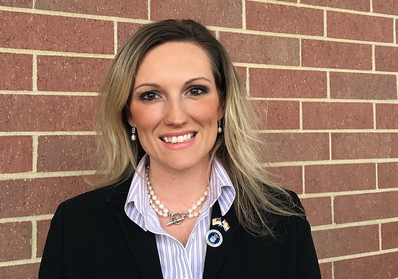 CORRECTS DATELINE TO DES PERES, MO INSTEAD OF ST. LOUIS - Saundra McDowell, the Republican candidate for Missouri state auditor, poses for a photo Friday, Nov. 2, 2018, in Des Peres, Mo. McDowell faces incumbent Auditor Nicole Galloway in the November 6 election. (AP Photo/Jim Salter)