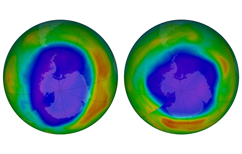 This combination of images made available by NASA shows areas of low ozone above Antarctica on September 2000, left, and September 2018. The purple and blue colors are where there is the least ozone, and the yellows and reds are where there is more ozone. A United Nations report released on Monday, Nov. 5, 2018 says Earth’s protective ozone layer is finally healing after aerosol sprays and coolants ate away at it. (NASA via AP)