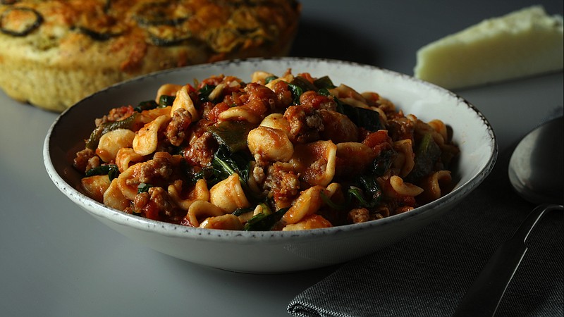 Roasted green chiles spice up this orecchiette with sausage and leeks. (E. Jason Wambsgans/Chicago Tribune/TNS) 