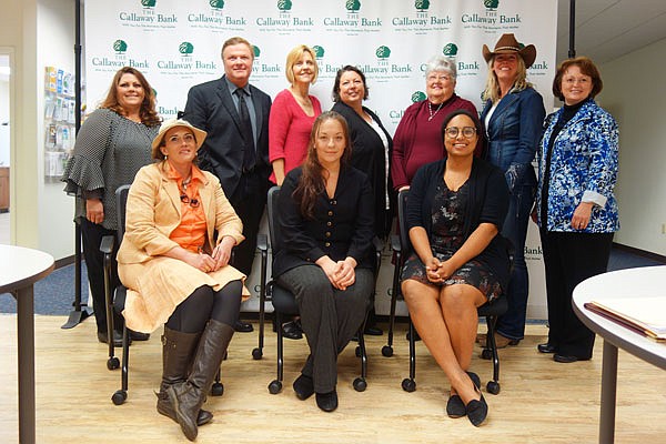 Those involved in the 2018 Callaway Chamber of Commerce Pitch Competition pose for a group photo following the award ceremony, including (back, from left) Tamara Tateosian, Marty Wilson, Doris Scribner, Connie Oser, Carolyn Bumphrey, second-place/audience choice winner Nikki Tiesing, Kim Barnes, (front, from left) Clarrisa Hornbuckle, Danielle Carpenter and third-place winner Brooke Bartlett.