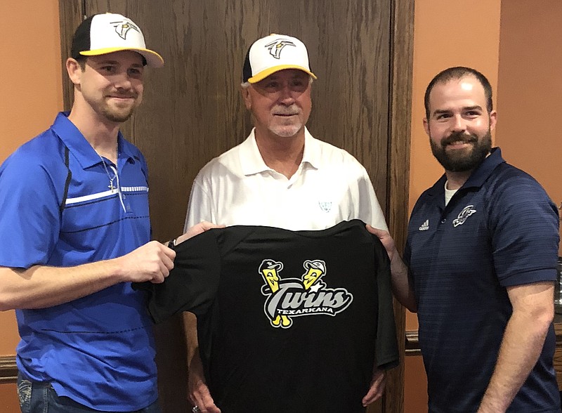 Bill Clay, center, was announced as the head coach of the Texarkana Twins baseball team on Tuesday at the Twisted Fork restaurant. Brian Nelson, left, is the head of baseball operations, and Chris Clark, right, is the co-owner of the Twins. (Submitted photo)
