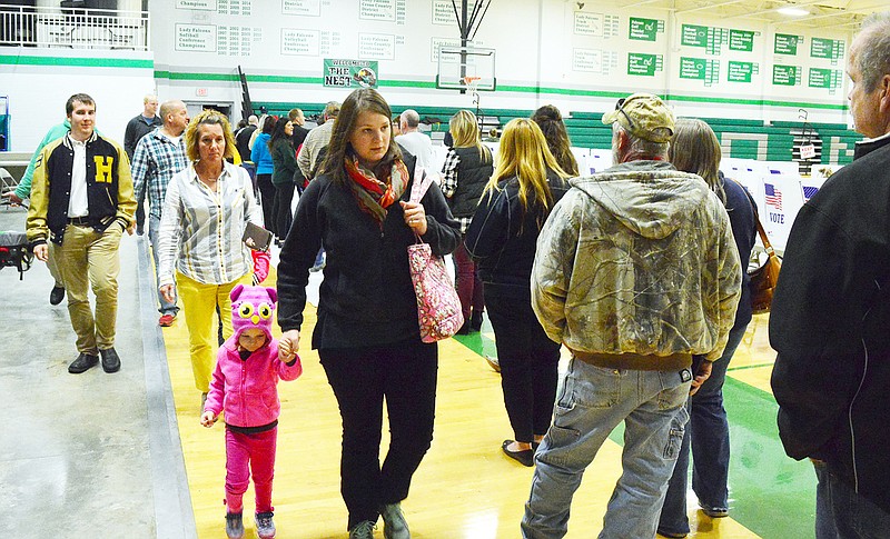 Voters form a long line in the gymnasium at Blair Oaks High School just prior to polls closing Tuesday evening for the 2018 general election.