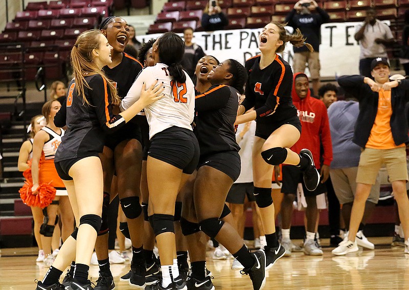 Texas High School Lady Tigers celebrate after winning the Regional Quarterfinals against Joshua High School Lady Owls on Tuesday, November 6, 2018, in Whitehouse, Texas at Whitehouse High School.

