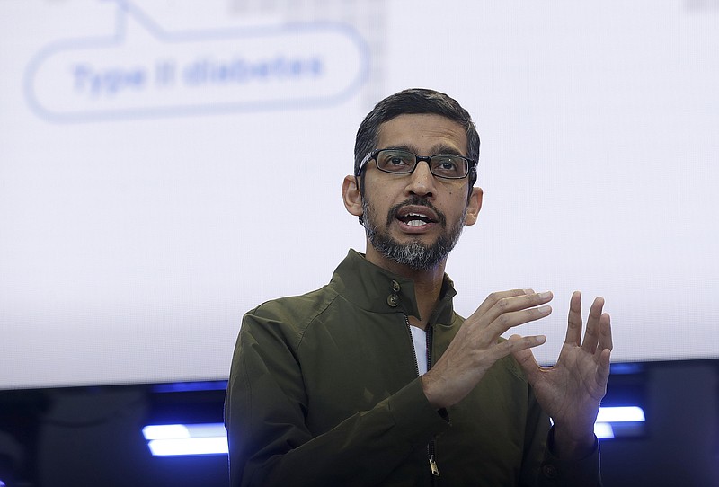 FILE- In this May 8, 2018, file photo, Google CEO Sundar Pichai speaks at the Google I/O conference in Mountain View, Calif. Google is promising to be more forceful and open about its handling of sexual misconduct cases, a week after high-paid engineers and others walked out in protest over its male-dominated culture. Pichai spelled out the concessions in an email sent Thursday, Nov. 8, to Google employees. (AP Photo/Jeff Chiu, File)