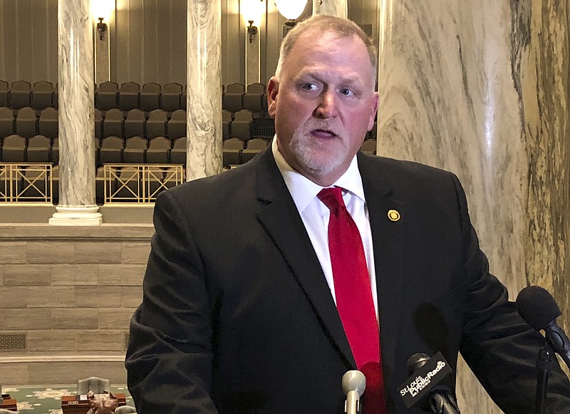 Missouri state Sen. Dave Schatz speaks to reporters Thursday, Nov. 8, 2018, at the state Capitol in Jefferson City, Mo.  (AP Photo/David A. Lieb)