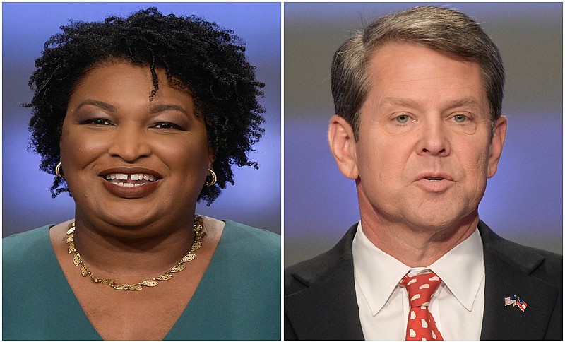 This combination of May 20, 2018, photos shows Georgia gubernatorial candidates Stacey Abrams, left, and Brian Kemp in Atlanta.  Democrats and Republicans nationwide will have to wait a bit longer to see if Georgia elects the first black woman governor in American history or doubles down on the Deep South's GOP tendencies with an acolyte of President Donald Trump (AP Photos/John Amis, File)