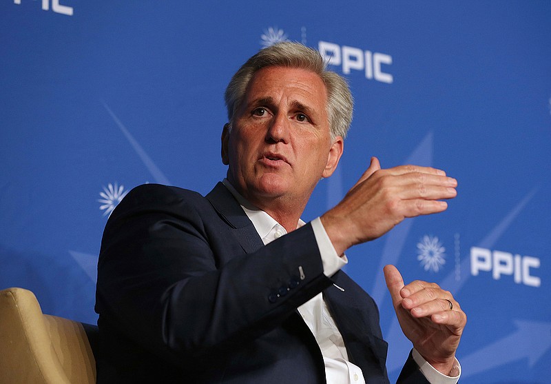 In this Aug. 15, 2018 file photo, Rep. Kevin McCarthy, R-Calif., answers a question during his appearance with the Public Policy Institute of California, in Sacramento, Calif. Republicans lost their majority in this week's midterm elections, and conservatives are blaming the GOP establishment and angling for changes. McCarthy burned up the phone lines Thursday, Nov. 8, 2018, shoring up his support. (AP Photo/Rich Pedroncelli, File)