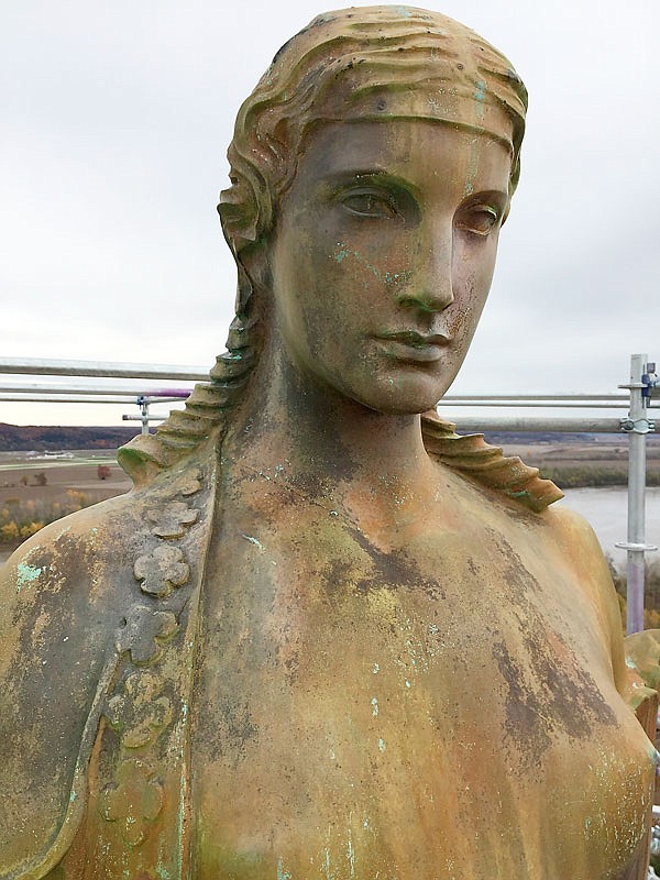 This recent photograph shows the statue of Ceres on top of the Capitol dome which will be removed, weather permitting, Thursday, Nov. 15. It will likely be a daylong process to safely get her to the ground, where she'll be placed on a trailer for closeup viewing for two hours before being wisked away to the Conservation of Sculpture and Objects Studio, Inc. in Forest Park, Illinois