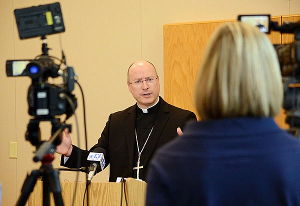 Bishop W. Shawn McNight, of the Diocese of Jefferson City, speaks during a press conference Thursday at the Catholic Diocesan Chancery in Jefferson City, Missouri. 