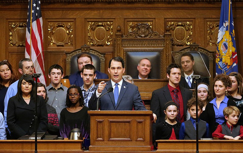 In this Jan 24, 2018 file photo, Wisconsin Gov. Scott Walker speaks during the State of the State Address in the Assembly Chamber of the State Capitol in Madison, Wis. When Walker leaves office he will be out of work, and off the government payroll, for the first time in more than a quarter century. Walker has been in elected office since 1993 when he was 25-years-old. (Steve Apps /Wisconsin State Journal via AP, File)