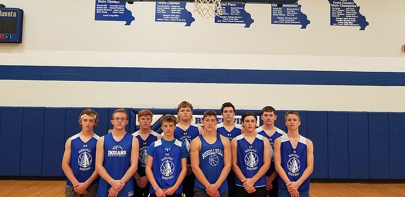Russellville's boys varsity basketball team for 2018-19 consists of Mason Stewart, Jared Shirley, Mason Brenner, Nikolas Graham, Trenton Morrow, Joseph Schroer, Taylor Crossman, Bladen Kremer, Gabe Little, Bryce Mehrhoff, and Landon Plochberger. The team is coached by Kevin Bissmeyer, not pictured. (Submitted photo)
