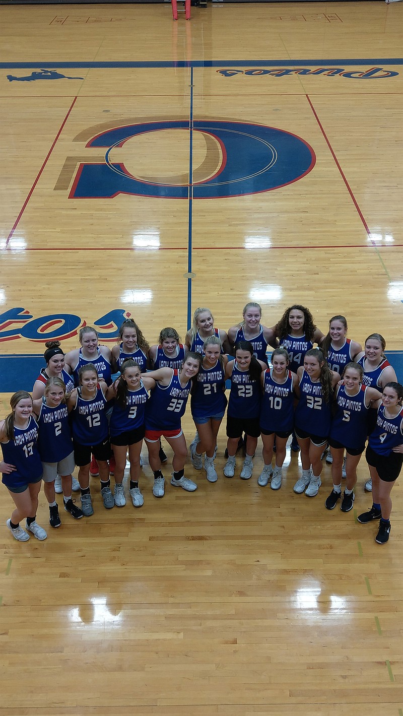 The California Pintos girls varsity basketball team for this season consists of KaLynn Irey, Tristan Porter, Rylee Hees, Quinn Albertson, Megan Witt, Trishelle Porter, Paige Lamm, Maura Pardoe, Gracie George, Hailey Cain and Makayla Schanzmeyer. The team is coached by Bobby Sangster (not pictured). (Submitted photo)