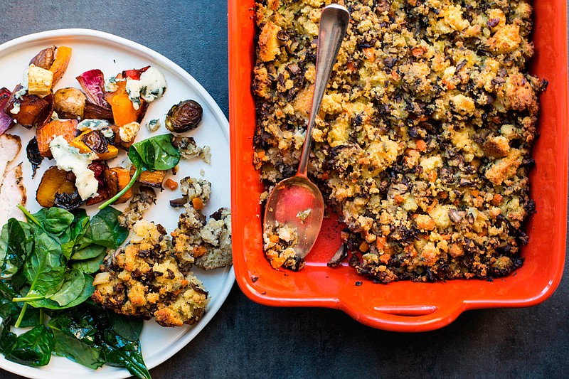 This October 2017 photo shows mushroom cornbread stuffing in New York. This dish is from a recipe by Katie Workman. (Sarah Crowder via AP)