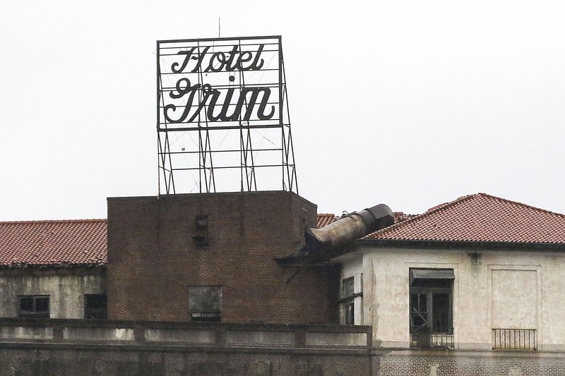 This file photo shows the sign atop the Hotel Grim on Nov. 13, 2018, in Texarkana, Texas.