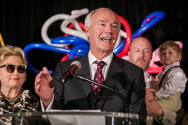 Gov. Asa Hutchinson speaks after his victory was announced at his election night rally Tuesday, Nov. 6, 2018, in Little Rock, Ark. 
