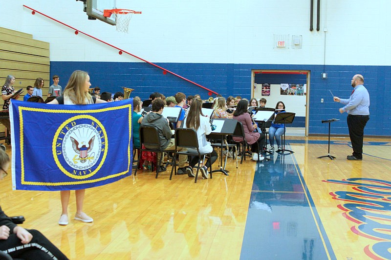 The California High School band plays "Anchors Away" for the U.S. Navy during the Nov. 8, 2018, Veterans Day assembly. The band performed a song to show appreciation for each branch of the military. 