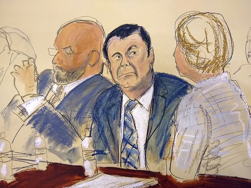 In this courtroom sketch Joaquin "El Chapo" Guzman, center, sits next to his defense attorney Eduardo Balazero, left, for opening statements as Guzman's high-security trial gets underway in the Brooklyn borough of New York, Tuesday, Nov. 13, 2018. Guzman pleaded not guilty to charges that he amassed a multi-billion-dollar fortune smuggling tons of cocaine and other drugs in a vast supply chain that reached New York, New Jersey, Texas and elsewhere north of the border. The infamous Mexican drug lord has been held in solitary confinement since his extradition to the United States early last year. 