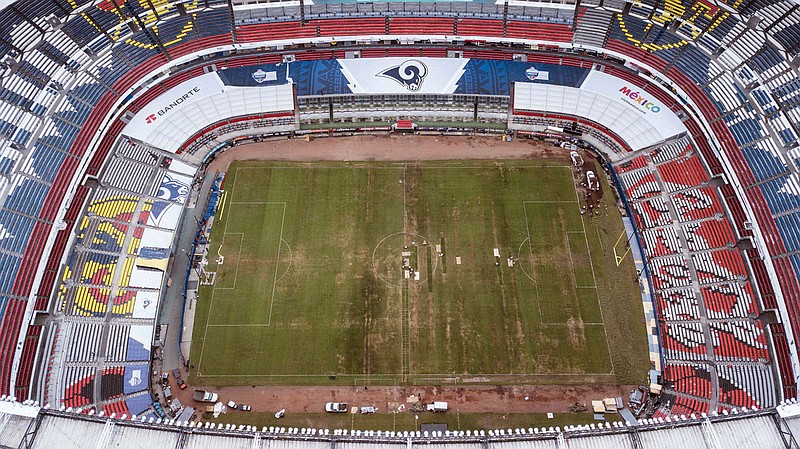 Mexico's Azteca Stadium is seen from above Tuesday in Mexico City. The NFL has moved the Rams' Monday night game against the Chiefs to Los Angeles due to the poor condition of the field.