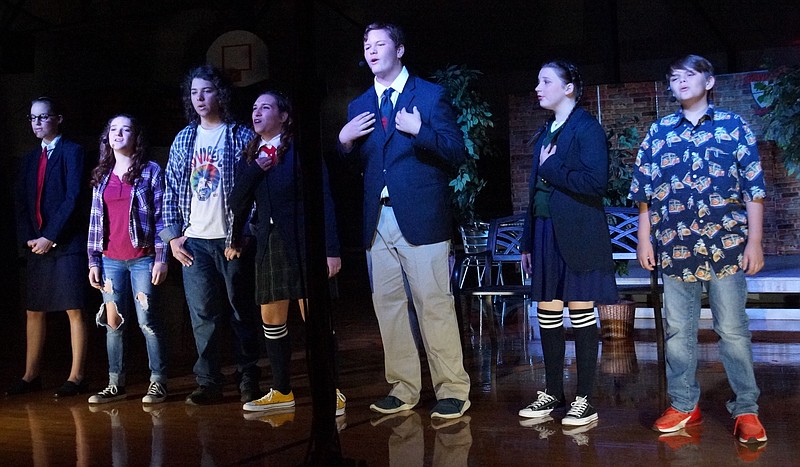 Bloomburg students sing the final song of their first musical "Emma! A Pop Musical." The lead actors are, from left, Candice Roberts as Miss Bates, Carley Jo Castagnetta as a wealthy student, Arturo Montenegro as  a pop star, Haleigh Greer as Emma, Gavin Smith as a serious student, Lilli Hooker as Emma's friend, and Christian Oliver as a busboy. Librarian and music teacher Tiffany Belk was the director. 
