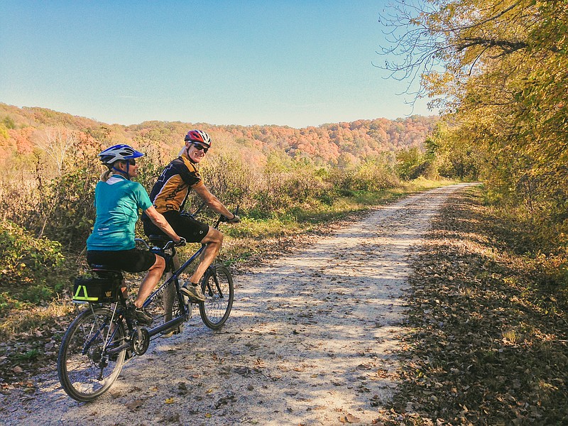 Karl Staub and his wife, Lori, enjoy riding their tandem bicycle along one of their favorites, the Katy Trail. (Courtesy of Karl Staub)