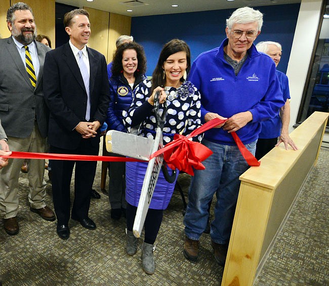 Mayor Carrie Tergin leads a ribbon cutting ceremony at the Jefferson City Municipal Court Wednesday afternoon during an open house for their new home in the City Annex Chamber of Commerce.
