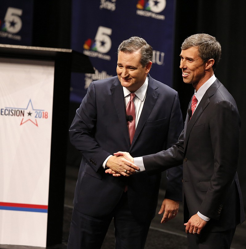 Republican U.S. Senator Ted Cruz and Democratic U.S. Representative Beto O'Rourke in their first debate for Texas U.S. Senate in McFarlin Auditorium at SMU in Dallas on Sept. 21, 2018.  (Nathan Hunsinger/The Dallas Morning News/TNS) 