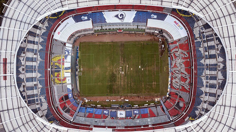 Mexico's Azteca Stadium is seen from above in Mexico City, Tuesday, Nov. 13, 2018. The NFL has moved the Los Angeles Rams' Monday night showdown with the Kansas City Chiefs from Mexico City to Los Angeles due to the poor condition of the field at Azteca Stadium. (AP Photo/Christian Palma)