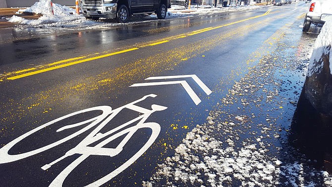 Snow plows pulled up the permanent pavement markings Thursday on East High and Madison streets. The colder weather prevented the permanent pavement markings from sticking to the streets properly.