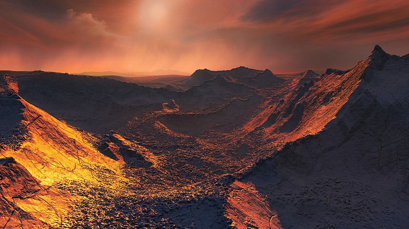 An artist's impression of the view from the surface of a super-Earth planet that orbits a star just six light-years away. (ESO/M. Kornmesser)