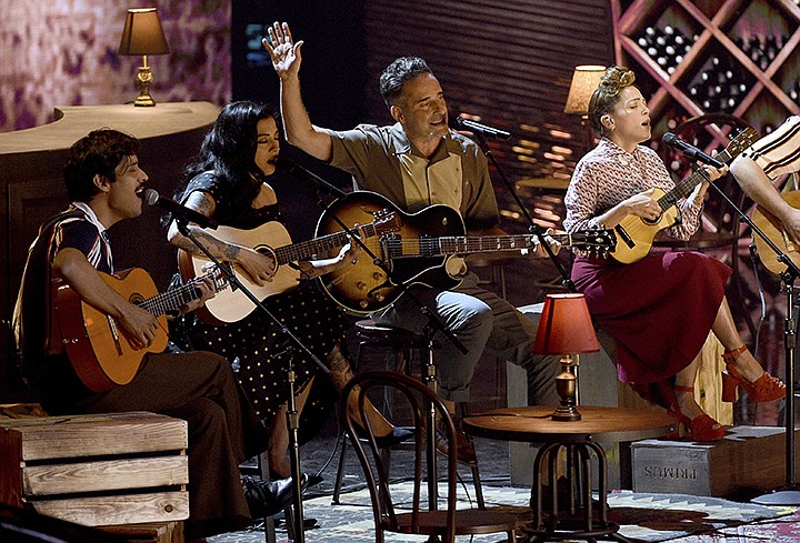 El David Aguilar, from left, Mon Laferte, Jorge Drexler and Natalia LaFourcade perform "Telefonia" at the Latin Grammy Awards on Thursday, Nov. 15, 2018, at the MGM Grand Garden Arena in Las Vegas. (Photo by Chris Pizzello/Invision/AP)