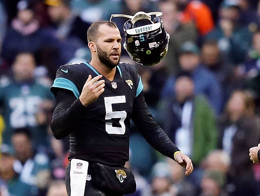 Jaguars quarterback Blake Bortles tosses his helmet after failing in a 2-point conversion attempt during the second half of a game last month against the Eagles in London.