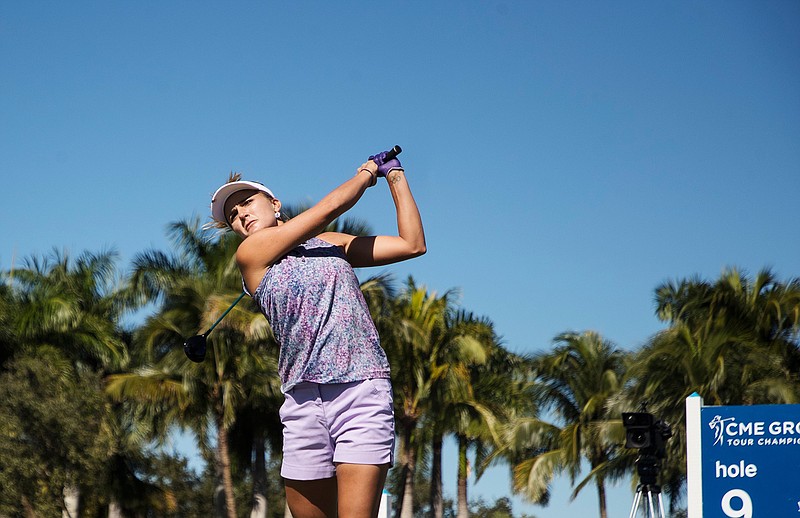 Lexi Thompson tees off during the second round of the CME Group Tour Championship golf tournament, Friday, Nov. 16, 2018, in Naples, Fla. (Andrew West/The News-Press via AP)